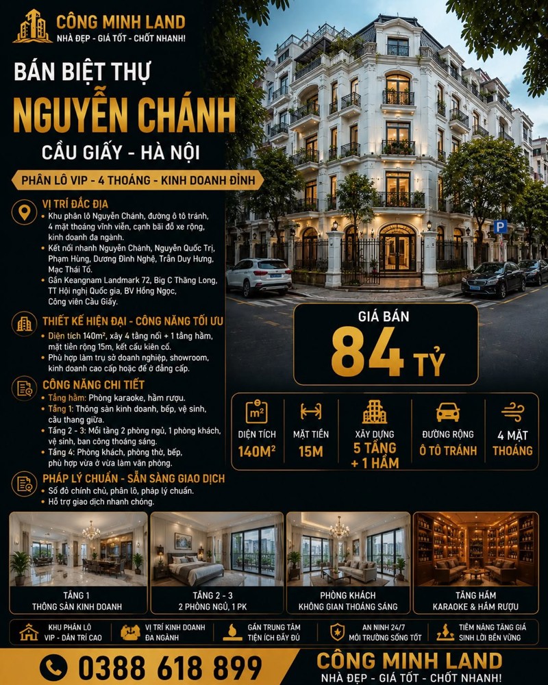 Bán Biệt Thự Nguyễn Chánh - Cầu Giấy - Phân Lô Vip, 4 Thoáng, Kinh Doanh Đỉnh - 140M2 - 5 Tầng - Mt