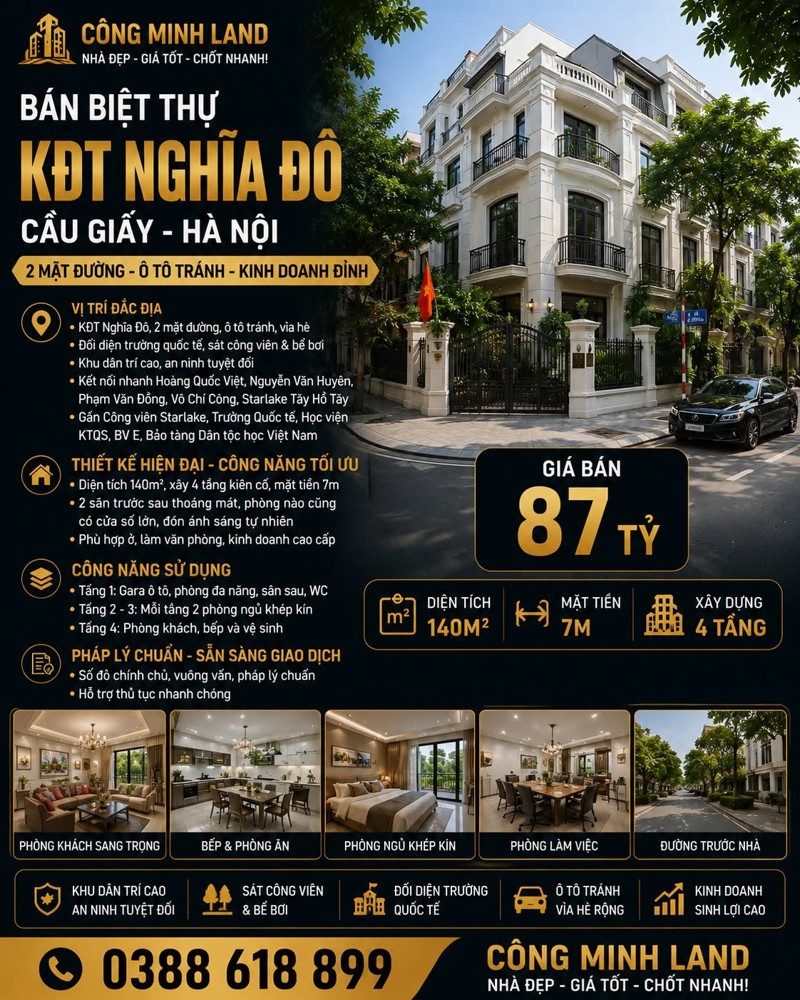 Bán Biệt Thự Kđt Nghĩa Đô - Cầu Giấy - 2 Mặt Đường, Ô Tô Tránh - Kinh Doanh Đỉnh - 140M2 - Mt 7M 