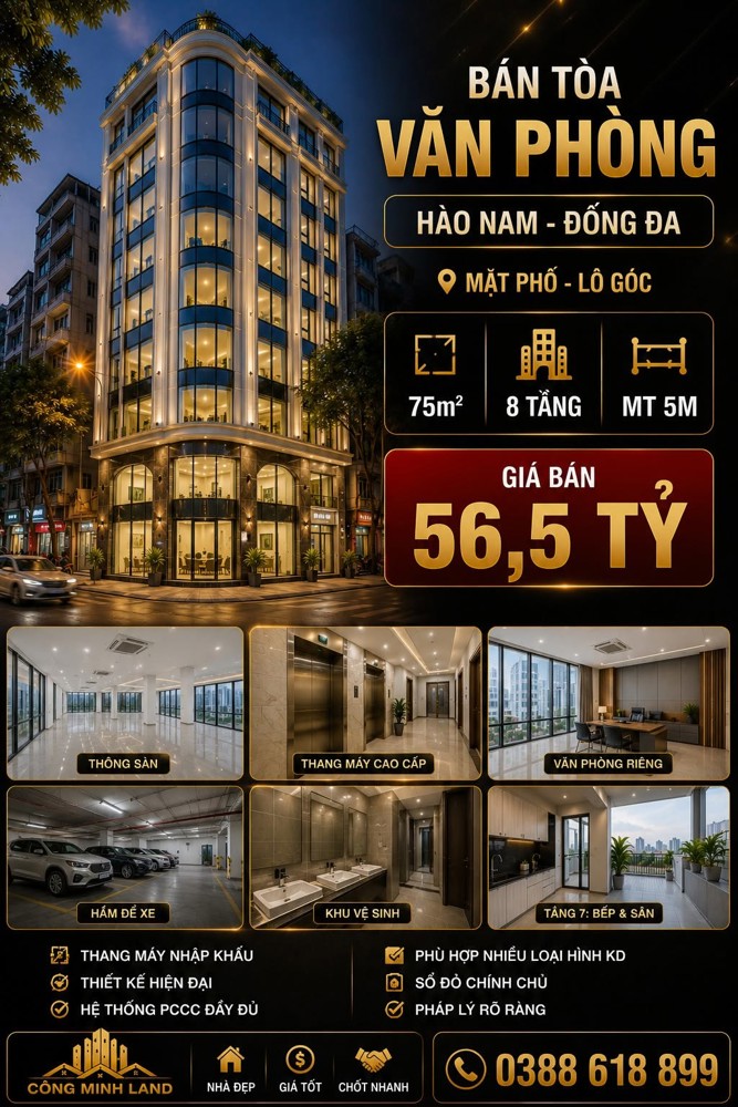 Bán Tòa Vp Mặt Phố Hào Nam - Đống Đa - Lô Góc - 75M2 - 8 Tầng - Mt 5M - 56,5 Tỷ