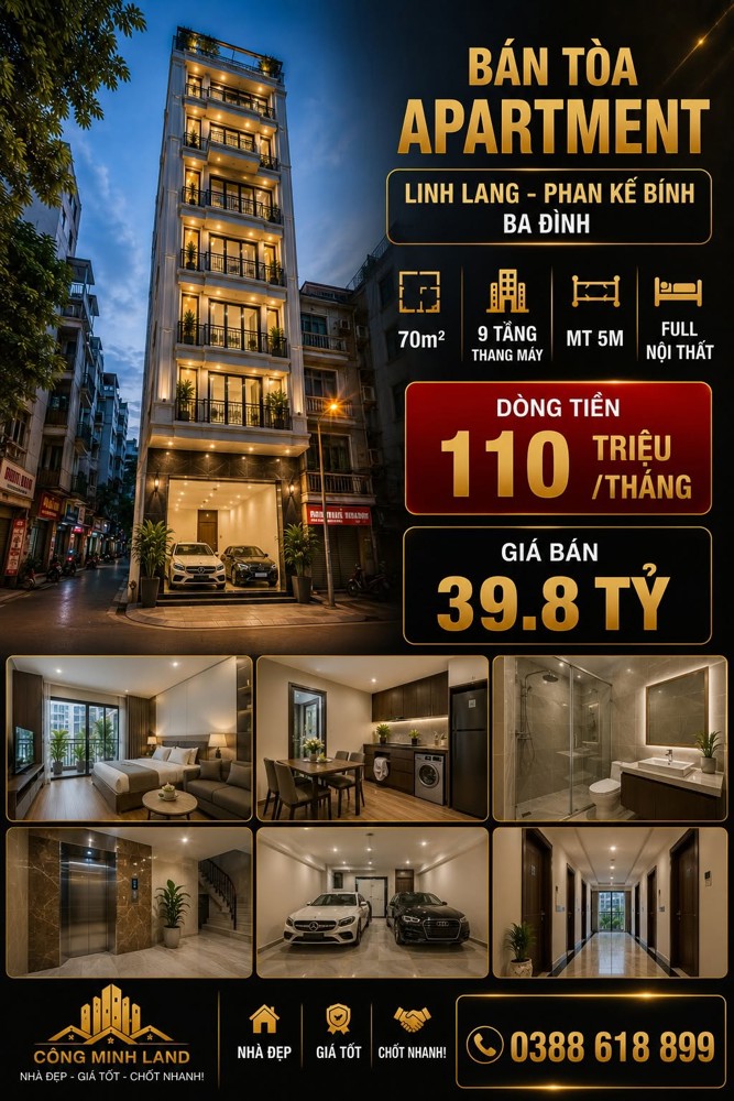 Bán Tòa Apartment Linh Lang - Phan Kế Bính - Ba Đình - 9 Tầng Tm - 70M2 - Mt 5M - 39.8 Tỷ