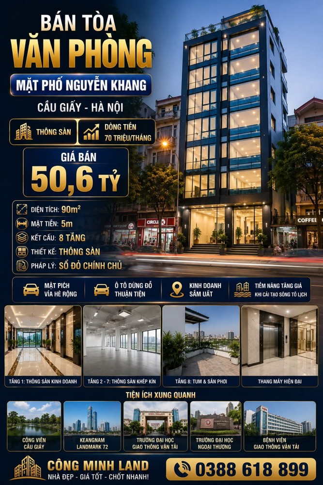 Bán Tòa Vp Mặt Phố Nguyễn Khang - Cầu Giấy - Dt 70 Tr/th - 90M² - 8 Tầng - Mt 5M - 50,6 Tỷ