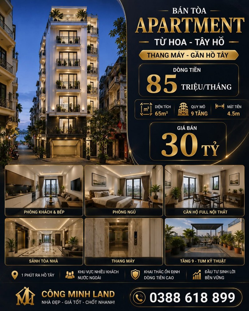 Bán Tòa Apartment Từ Hoa - Tây Hồ - Thang Máy - Gần Hồ Tây - Dòng Tiền 85 Triệu/tháng - 65M2 - 9