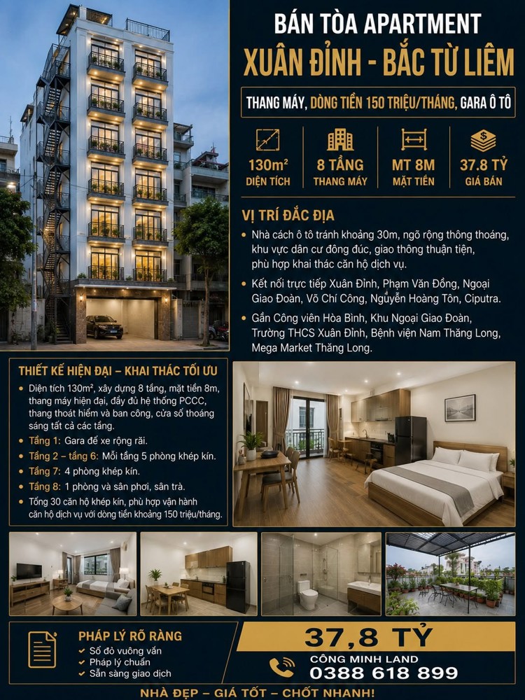Bán Tòa Apartment Xuân Đỉnh - Dt 150 Tr/th, Gara Ô Tô - 130M2 - 8 Tầng - Mt 8M - 37.8 Tỷ