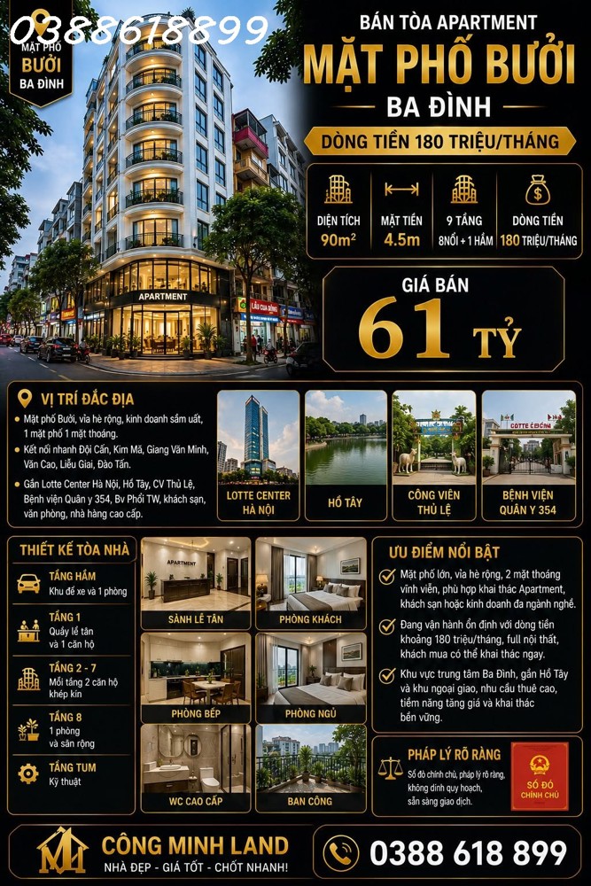 Bán Tòa Apartment Mặt Phố Bưởi - Ba Đình - Dt 180 Tr/th - 90M2 - 9 Tầng - Mt 4.5M - 61 Tỷ