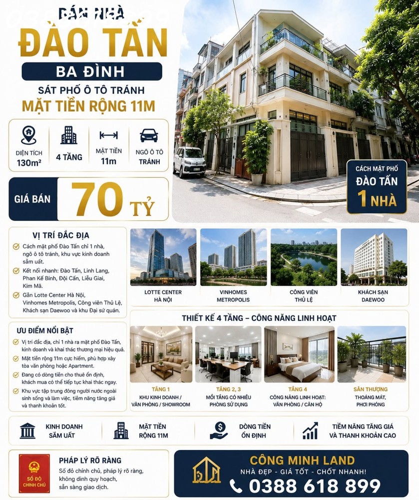 Bán Nhà Đào Tấn - Ba Đình - Sát Phố Ô Tô Tránh - Mt 11M - 130M² - 4 Tầng - Mt 11M - 70 Tỷ