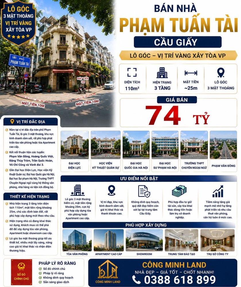 Bán Nhà Phạm Tuấn Tài - Cầu Giấy - Lô Góc - Vị Trí Vàng Xây Tòa Vp - 110M² - Mt 25M - 74 Tỷ