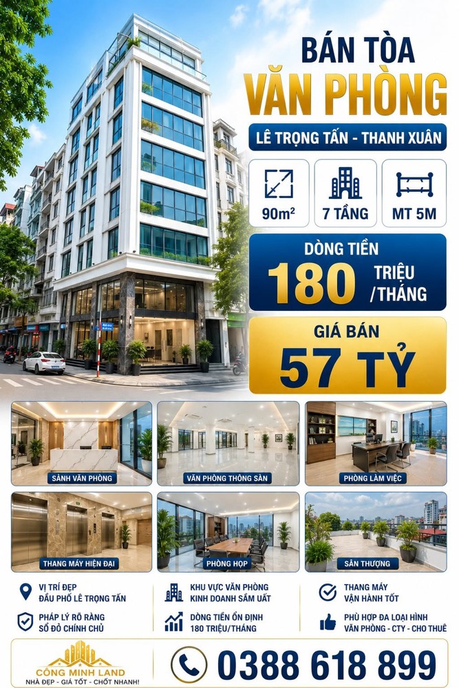 Bán Tòa Văn Phòng Lê Trọng Tấn - Thanh Xuân - Thang Máy - Dt 180 Tr/th - 90M² - 7 Tầng - Mt 5M - 57