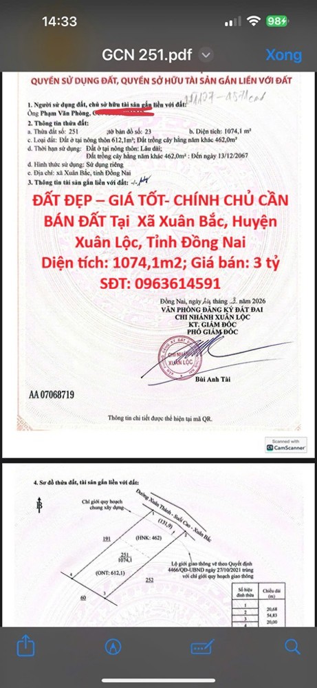 Đất Đẹp – Giá Tốt- Chính Chủ Cần Bán Đất Tại Xã Xuân Bắc, Huyện Xuân Lộc, Tỉnh Đồng Nai