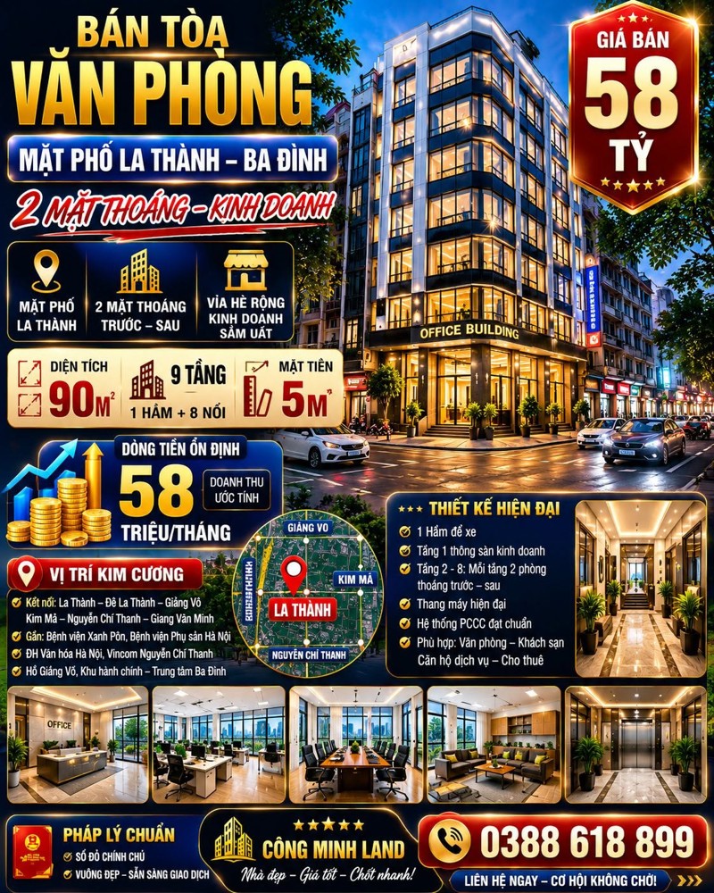 Bán Tòa Vp Mặt Phố La Thành - Ba Đình - Kinh Doanh - 90M² - 9 Tầng - Mt 5M - 58 Tỷ