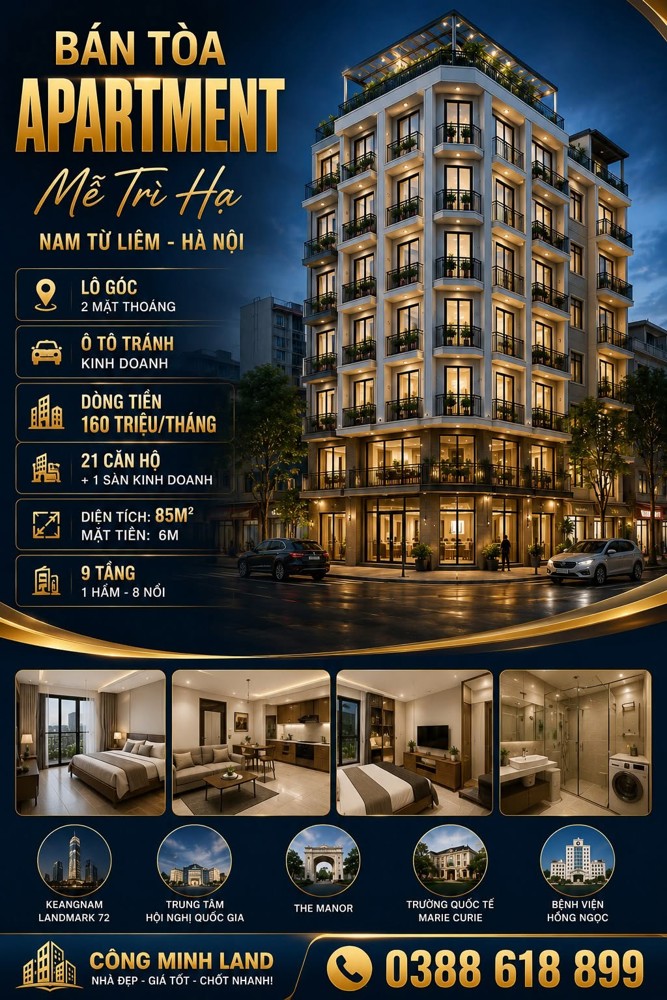 Bán Tòa Apartment Mễ Trì - Nam Từ Liêm - Lô Góc - Ô Tô Kd - Dt 160 Tr/th - 85M² - 9 Tầng - Mt 6M 