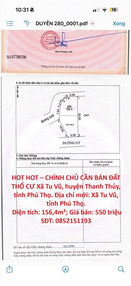 Hot Hot – Chính Chủ Cần Bán Đất Thổ Cư Xã Tu Vũ, Huyện Thanh Thủy, Tỉnh Phú Thọ