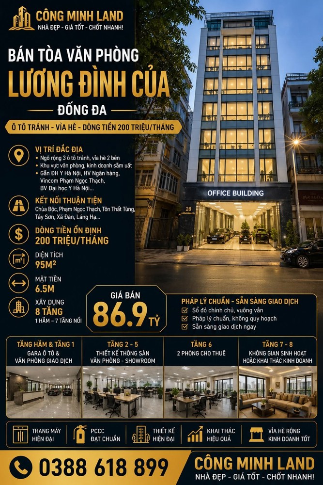 Bán Tòa Vp Lương Đình Của - Đống Đa - Ô Tô Tránh - Vỉa Hè - Dt 200 Tr/th - 95M2 - 8 Tầng - Mt 6.5M
