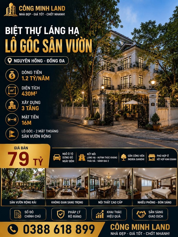 Bán Biệt Thự Láng Hạ - Đống Đa - Lô Góc - Ô Tô - 430 M2 - Mt 16M - Xây Building 9 Tầng Kd Đỉnh - 79