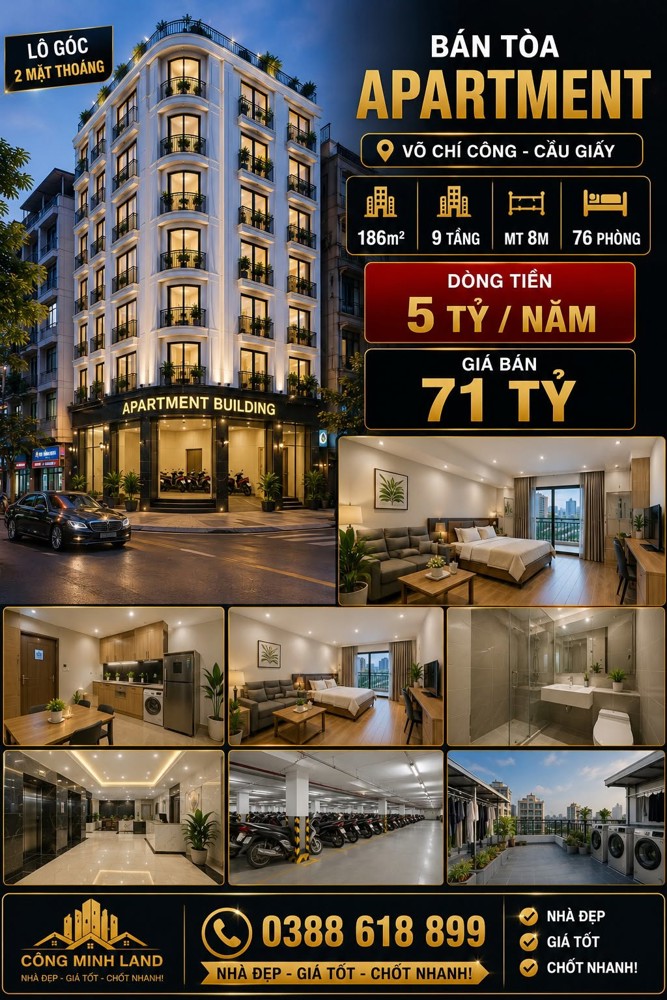 Bán Tòa Apartment Võ Chí Công - Cầu Giấy - Lô Góc - 76 Phòng - Dt 5 Tỷ/năm - 186M² - 9 Tầng - Mt 8M