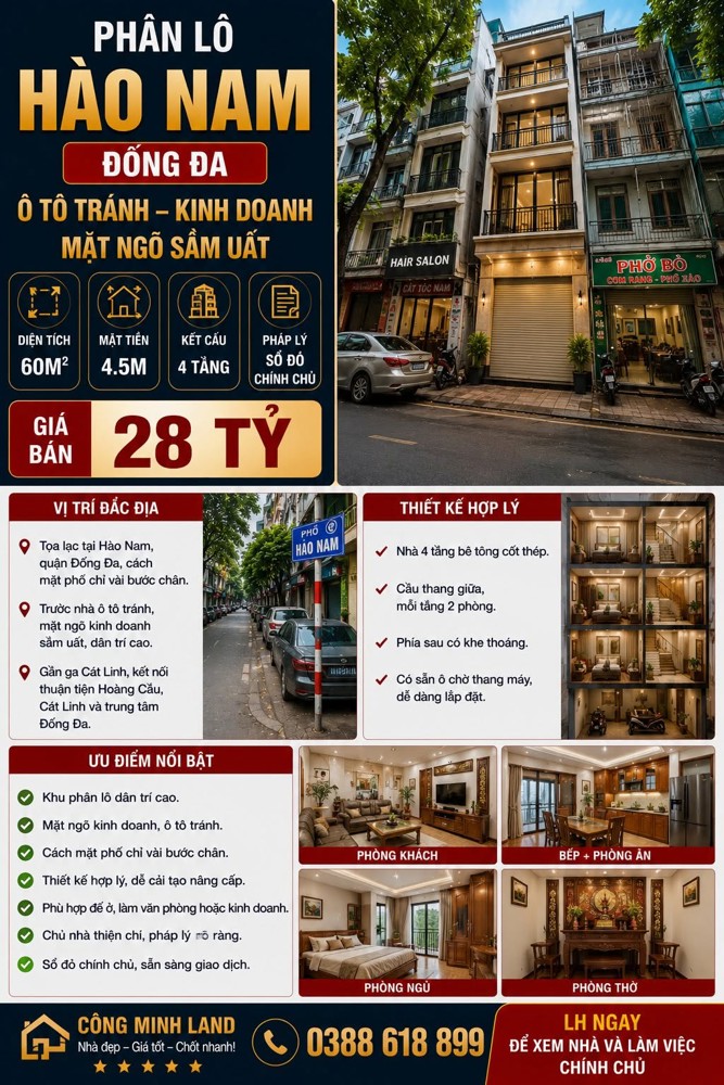 Bán Nhà Phân Lô Hào Nam - Đống Đa - Ô Tô Tránh - Kinh Doanh - 60M² - 4 Tầng - Mt 4.5M - 28 Tỷ