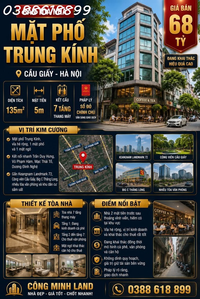 Bán Tòa Nhà Mặt Phố Trung Kính - Cầu Giấy - 135M² - 7 Tầng Thang Máy - Mặt Tiền 5M - 68 Tỷ