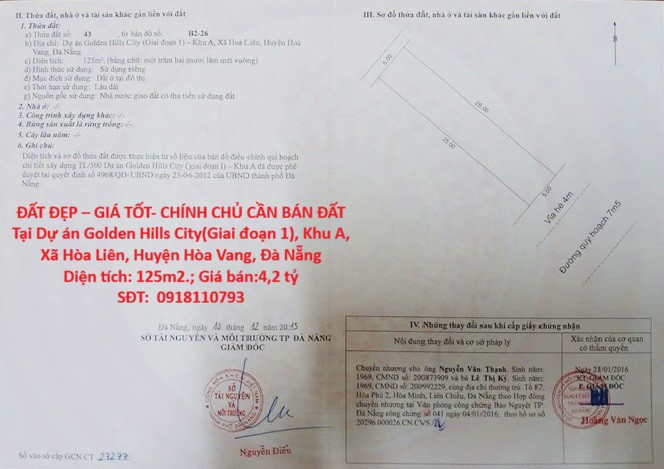 Đất Đẹp – Giá Tốt- Chính Chủ Cần Bán Đất Tại Khu A, Xã Hòa Liên, Huyện Hòa Vang, Đà Nẵng