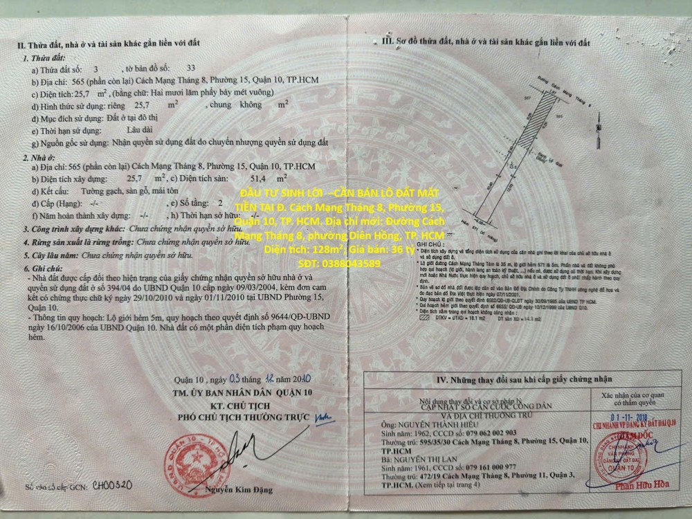 Đầu Tư Sinh Lời –Cần Bán Lô Đất Mặt Tiền Tại Đ. Cách Mạng Tháng 8, Phường 15, Quận 10, Tp. Hcm
