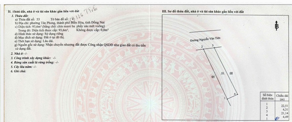 Bán Đất 93.6M2, Full Thổ Cư Đất Ở Đt, Có Nhà Cấp 4 Mới Xây Tại Phường Tân Phong, Tp Biên Hòa, Đồng