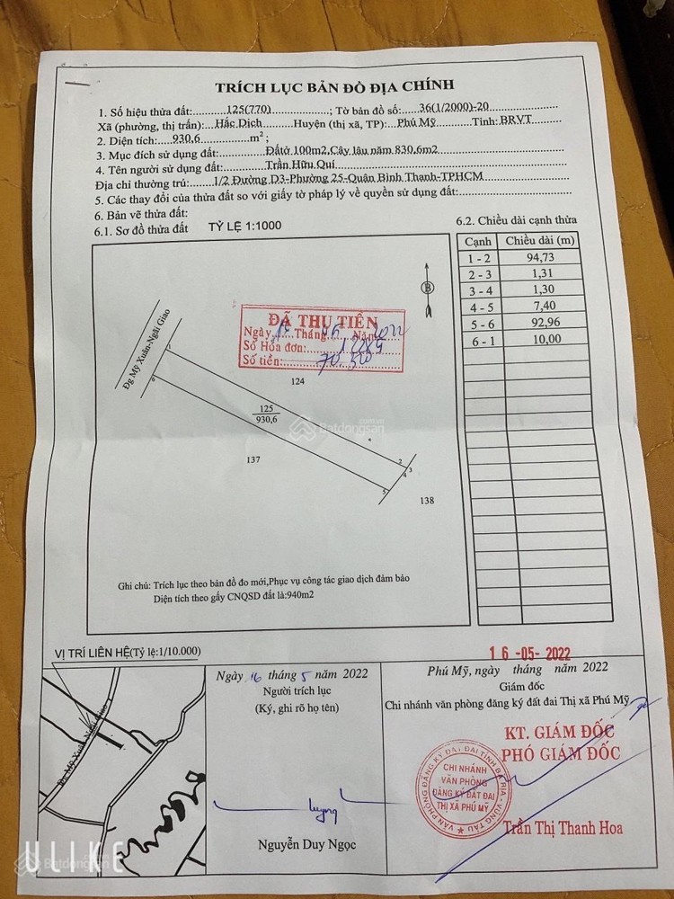 Chính Chủ Bán Đất Mặt Tiền Đường Trục Chính Đường Mỹ Xuân-Ngãi Giao Trung Tâm Phường Tân