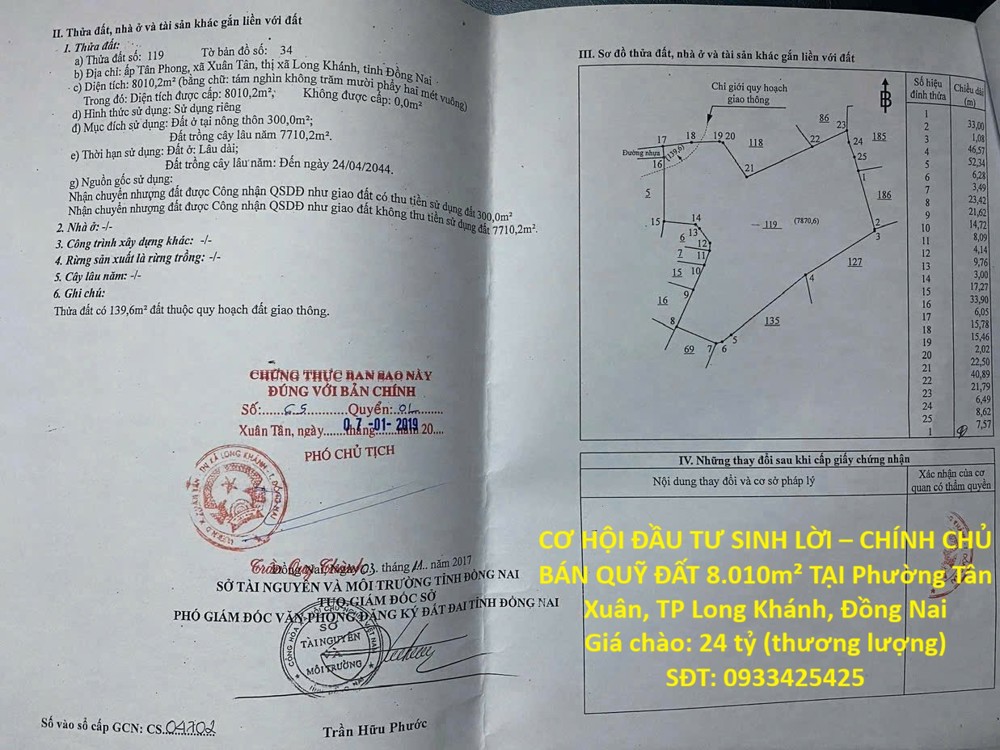 Cơ Hội Đầu Tư Sinh Lời – Chính Chủ Bán Quỹ Đất 8.010M² Tại Phường Xuân Tân, Tp Long Khánh, Đồng Nai