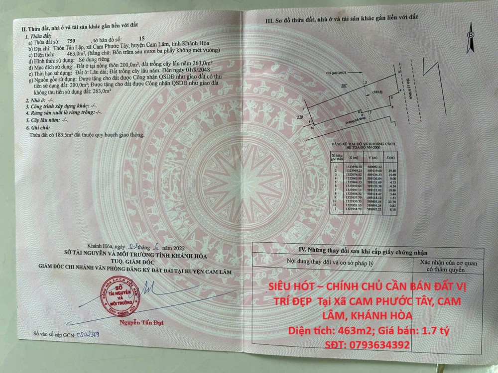 Siêu Hót – Chính Chủ Cần Bán Đất Vị Trí Đẹp Tại Xã Cam Phước Tây, Cam Lâm, Khánh Hòa