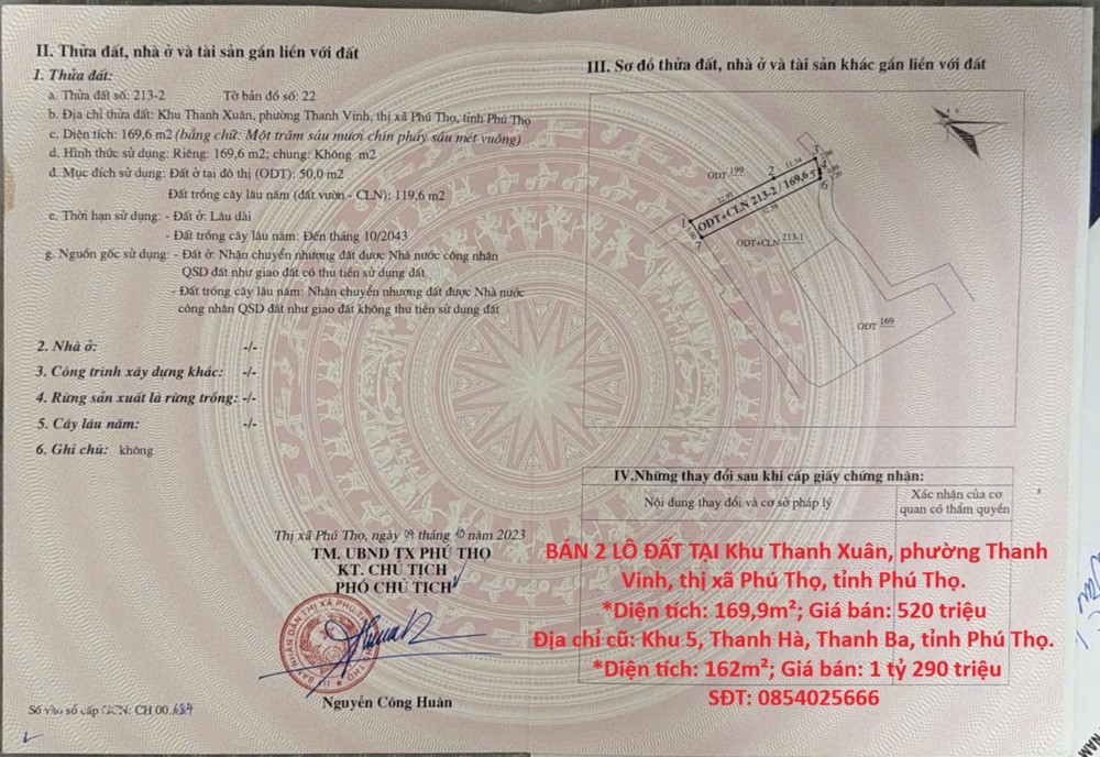 Hot Hot – Chính Chủ Cần Bán 2 Lô Đất Tại Tx. Phú Thọ Và H. Thanh Ba, Tỉnh Phú Thọ
