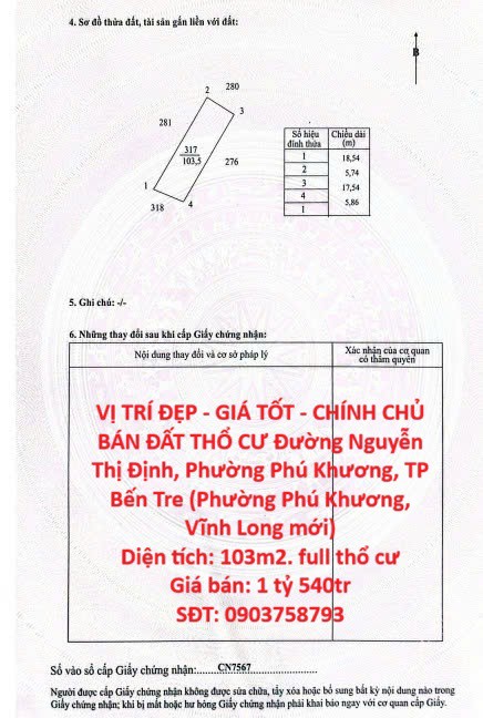 Vị Trí Đẹp - Giá Tốt - Chính Chủ Bán Đất Thổ Cư Đường Nguyễn Thị Định, Phường Phú Khương, Tp Bến Tre