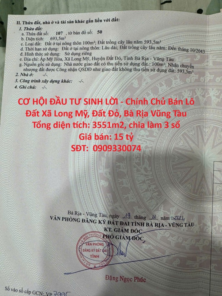 Cơ Hội Đầu Tư Sinh Lời - Chính Chủ Bán Lô Đất Xã Long Mỹ, Đất Đỏ, Bà Rịa Vũng Tàu