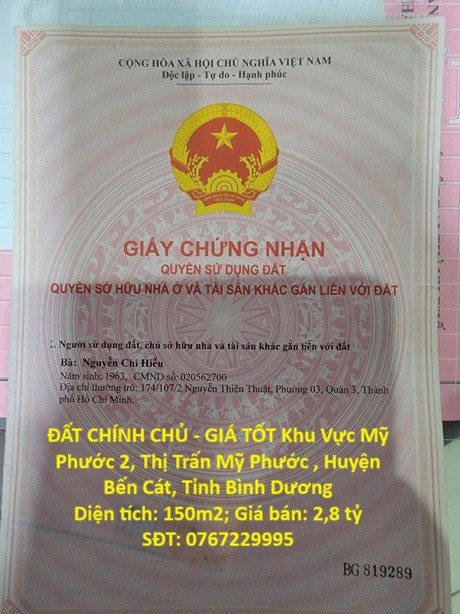 Đất Chính Chủ - Giá Tốt Khu Vực Mỹ Phước 2, Thị Trấn Mỹ Phước , Huyện Bến Cát, Tỉnh Bình Dương