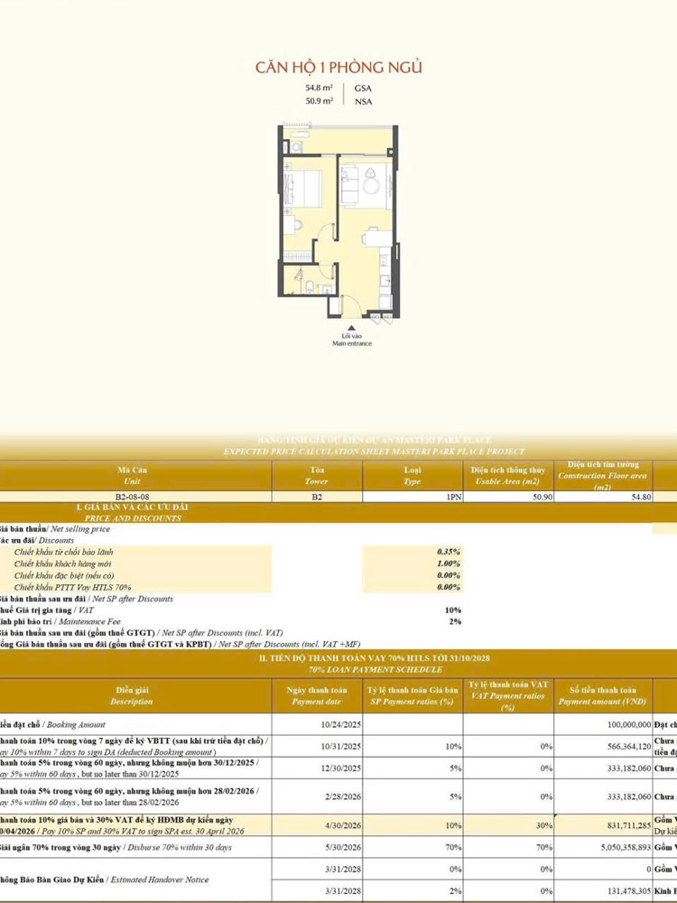 Chính Chủ Bán Căn Hộ 1 Phòng Ngủ – Masteri Park Place (Ct5) – The Global City