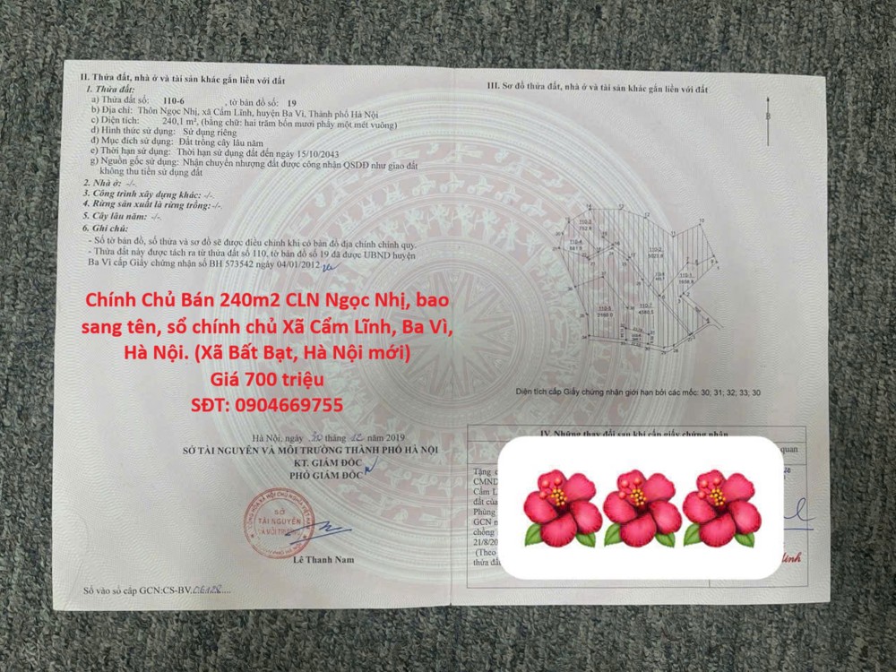 Chính Chủ Bán 240M2 Cln Ngọc Nhị, Bao Sang Tên, Sổ Chính Chủ Xã Cẩm Lĩnh, Ba Vì, Hà Nội