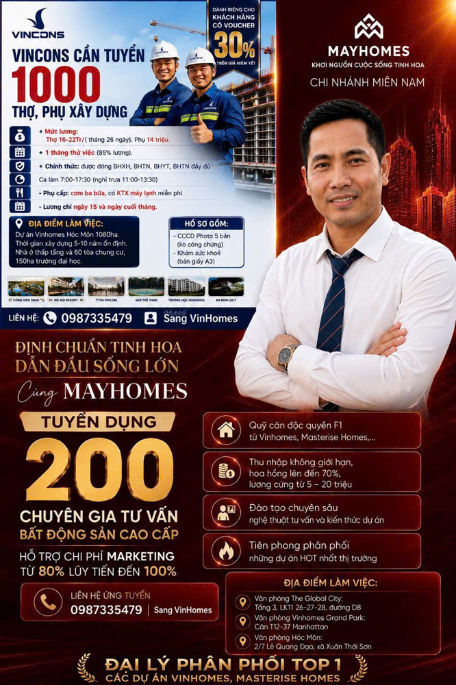 Vincons Cần Tuyển 1000 Thợ, Phụ Xây Dựng+ Mức Lương: Thợ 16-22Tr/( Tháng 26 Ngày). Phụ 14 Triệu
