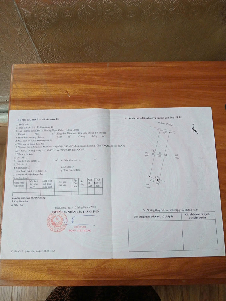 Chính Chủ Bán Nhà Đất 58M² – Ngõ 7 Tống Duy Tân, Khu 12, Phường Ngọc Châu, Hải Dương