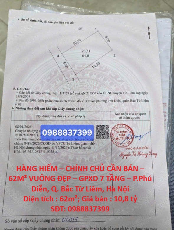 Hàng Hiếm – Chính Chủ Cần Bán – 62M² Vuông Đẹp – Gpxd 7 Tầng – P.phú Diễn, Q. Bắc Từ Liêm, Hà Nội