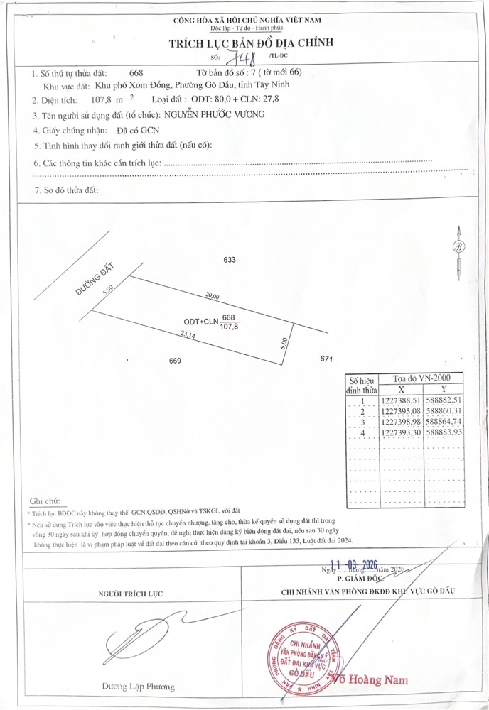 Chính Chủ Bán Đất Diện Tích 107.8M2 Sẵn Sổ, Giá Tốt Nhất Khu Vực Gò Dầu, Tây Ninh