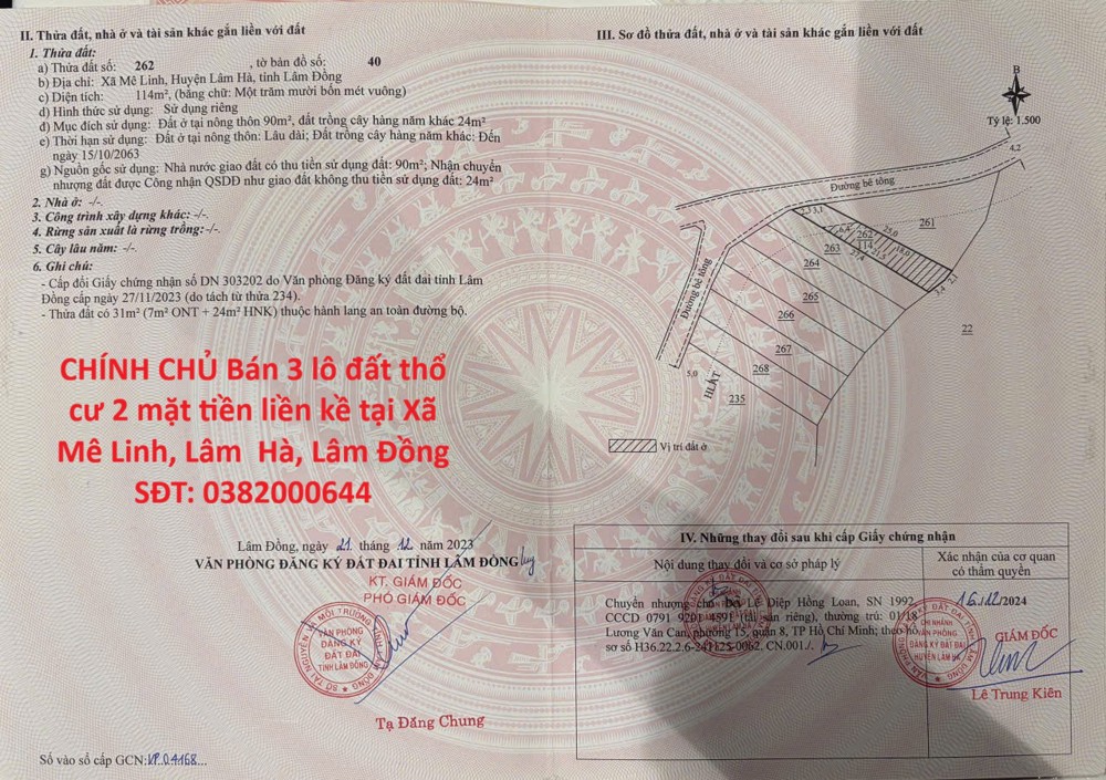 Chính Chủ Bán 3 Lô Đất Thổ Cư 2 Mặt Tiền Liền Kề Tại Xã Mê Linh, Lâm Hà, Lâm Đồng