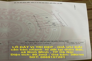 LÔ ĐẤT VỊ TRÍ ĐẸP - GIÁ ƯU ĐÃI cần bán nhanh  lô đất tại xã Bình Minh, TP Hà Nội