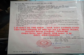 LÔ ĐẤT VỊ TRÍ ĐẸP - GIÁ TỐT CHÍNH CHỦ cần bán nhanh lô đất tại huyện Bình Chánh, TPHCM