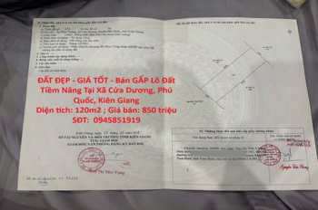 ĐẤT ĐẸP - GIÁ TỐT - Bán GẤP Lô Đất Tiềm Năng Tại Xã Cửa Dương, Phú Quốc, Kiên Giang