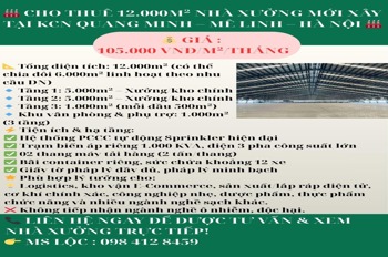 Cho Thuê Nhà Xưởng Mới Xây 12.000m² KCN Quang Minh - Mê Linh - Hà Nội
