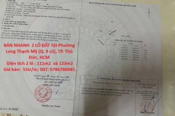 ĐẤT ĐẸP  - GIÁ ĐẦU TƯ –CẦN BÁN NHANH  2 LÔ ĐẤT TẠI Phường Long Thạnh Mỹ (Q. 9 cũ), TP. Thủ Đức, HCM