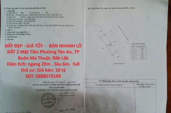 ĐẤT ĐẸP - GIÁ TỐT -   BÁN NHANH LÔ ĐẤT 2 Mặt Tiền Phường Tân An, TP Buôn Ma Thuột, Đăk Lăk