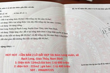 HOT HOT - CẦN BÁN 2 LÔ ĐẤT ĐẸP TẠI Xóm Long xuân, xã Bạch Long, Giao Thủy, Nam Định