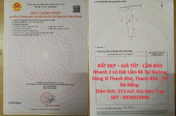 ĐẤT ĐẸP – GIÁ TỐT - CẦN BÁN Nhanh 2 Lô Đất Liền Kề Tại Đường Dũng Sĩ Thanh Khê, Thanh Khê , TP. Đà