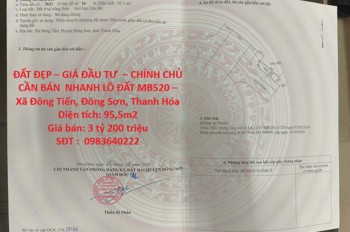 ĐẤT ĐẸP – GIÁ ĐẦU TƯ  – CHÍNH CHỦ CẦN BÁN  NHANH LÔ ĐẤT MB520 – Xã Đông Tiến, Đông Sơn, Thanh Hóa