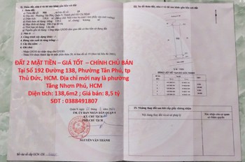 Đất 2 Mặt Tiền – Giá Tốt – Chính Chủ Bán Tại Số 192 Đường 138, Phường Tân Phú, Tp Thủ Đức, Hcm