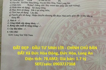 Đất Đẹp - Đầu Tư Sinh Lời - Chính Chủ Bán Đất Xã Đức Hòa Đông, Đức Hòa, Long An