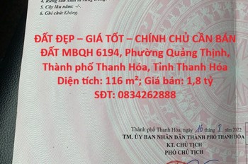Đất Đẹp – Giá Tốt – Chính Chủ Cần Bán Đất Mbqh 6194, Phường Quảng Thịnh, Tp. Thanh Hóa, Tỉnh Thanh