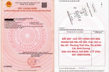 Đất Đẹp - Giá Tốt Chính Chủ Bán Nhanh Đất Nền Sổ Sẵn -Full Thổ Cư Phường Thới Hòa, Bến Cát